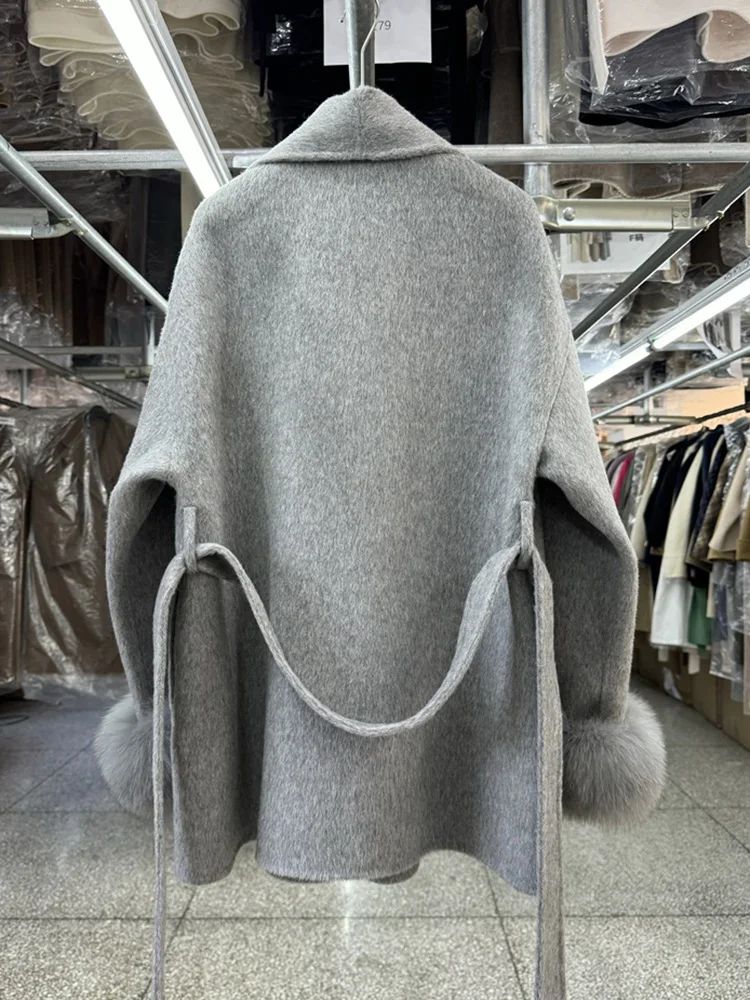 New Natural Fox Fur Thick Double-sided Wool Coat Female Short Autumn Winter Loose Lace-up Woolen Coats Women Fashion Overcoats