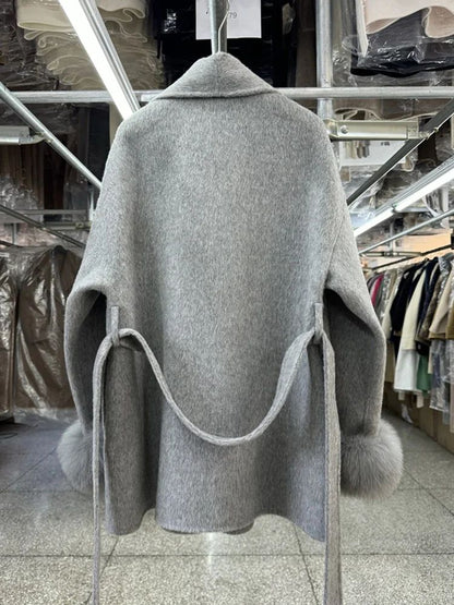 New Natural Fox Fur Thick Double-sided Wool Coat Female Short Autumn Winter Loose Lace-up Woolen Coats Women Fashion Overcoats