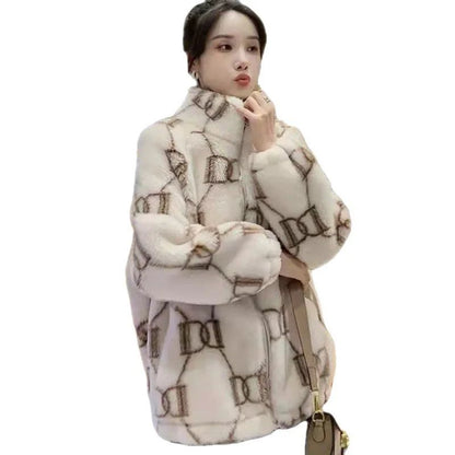 Ladies Thickened Cotton Lamb Fur Jacket Korean Style Winter Outerwear Loose Versatile Trendy Coat Warm Comfortable Soft Material