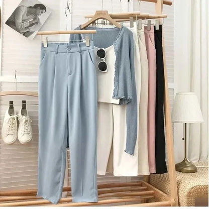 Fashion Elastic High Waist Suit Pants Women Fall Spring Casual Loose Straight Black Trouser Office Ladies Nine Points Streetwear