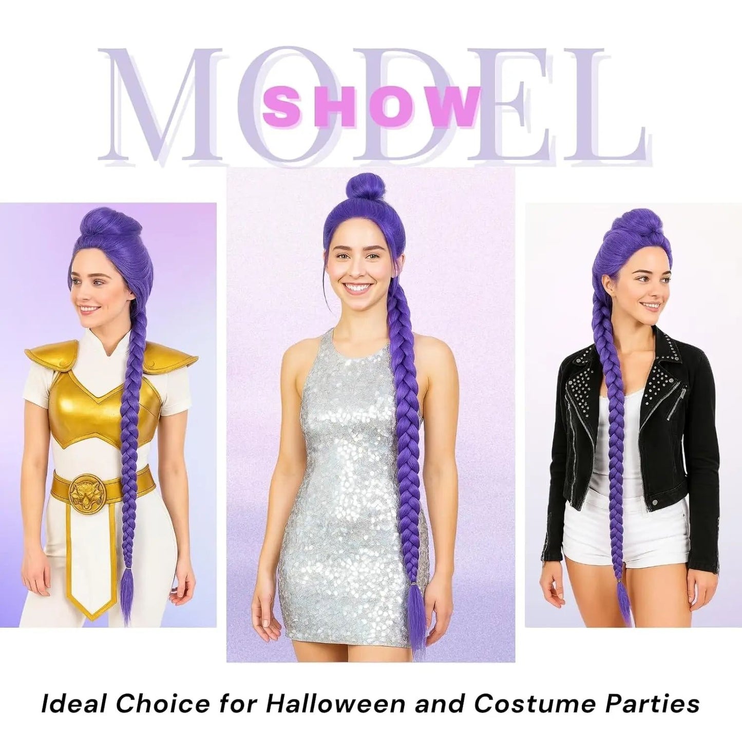 Girl group role-playing synthetic wig, purple split braid wig, rose red long straight hair with bun, romantic party photo