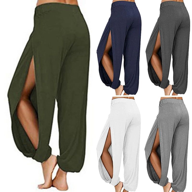 Summer High Slit Haren Pants for Women Sports Yoga Pants Solid Loose Hippie Harem Wide Leg Pants Trousers