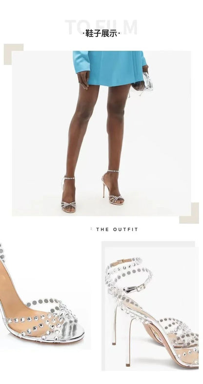 Pvc Transparent Rhinestone High Heels Ladies Sexy Ankle Strap Sandals Women Luxury Designer Wedding Party Dress Shoes Pumps