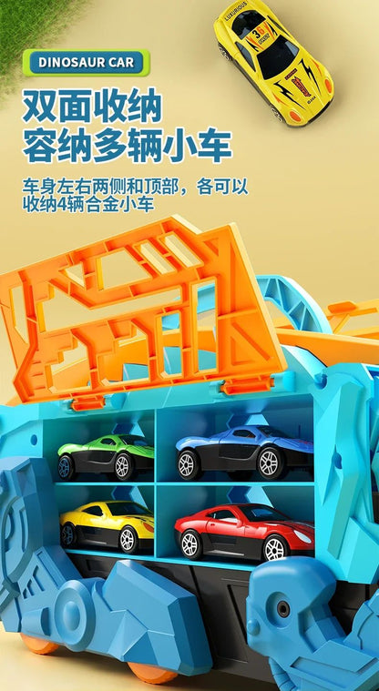 Brinquedo Dinossauro para Crianças Meninos de 3 a 5 Anos, Conjunto de Pista de Carros Caminhão Transportador de Dinossauros com Carrinhos Diecast que se Transformam em Dinossauros