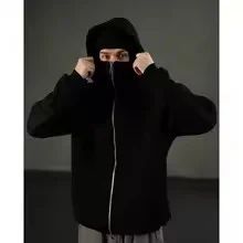 Men and women Balaclava Y2K Gothic Harajuku winter new item double hooded sweatshirt men's hooded mask zipper sportswear