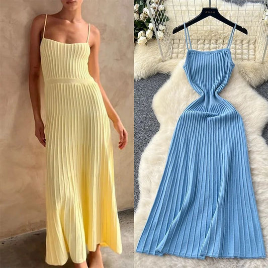 Knitted Pleated Long Dress High Waist Midi Sling Dress Elegant Sleeveless Yellow