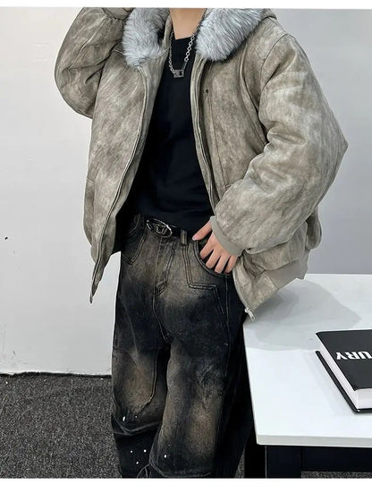 Cotton jacket with fur collar eagle embroidered and tie-dyeed winter men's design outdoor jacket thick and comfortable