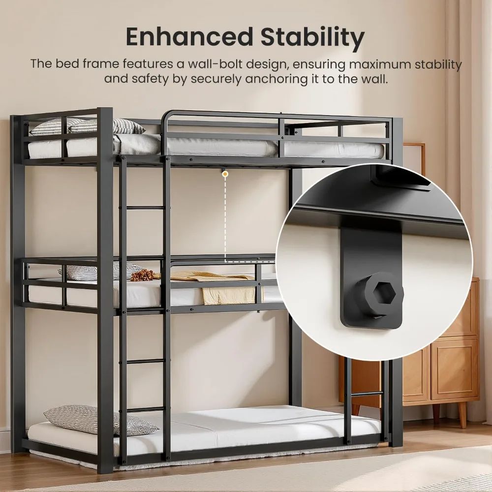 Heavy Duty Triple Bunk Bed Twin-Size Metal Frame with Ladder Family-Friendly for All Ages No Box Spring Needed for Bedroom