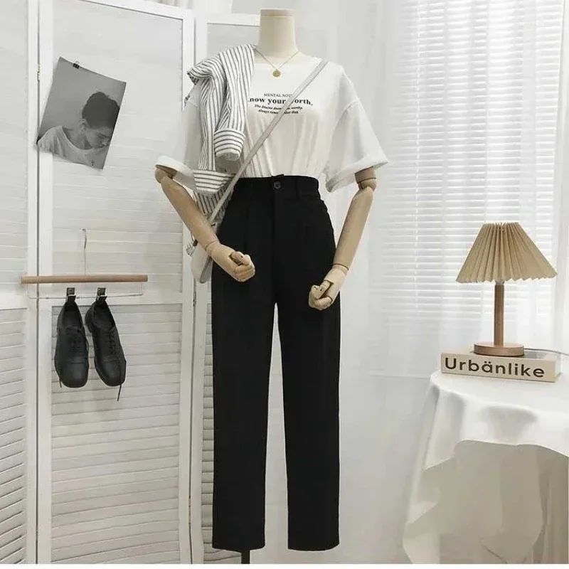 Fashion Elastic High Waist Suit Pants Women Fall Spring Casual Loose Straight Black Trouser Office Ladies Nine Points Streetwear