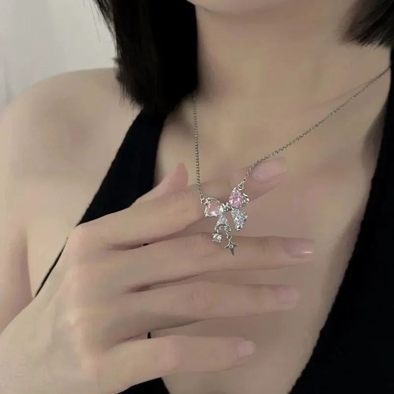 Colares de Pingente de Laço de Cristal Rosa Fada da Moda Y2K Meninas Doce Strass Coração Clavícula Cadeia Mulheres Jóias Presentes