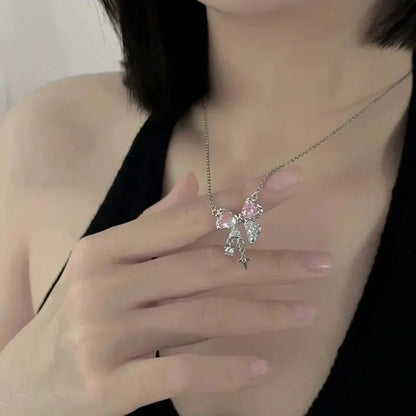 Colares de Pingente de Laço de Cristal Rosa Fada da Moda Y2K Meninas Doce Strass Coração Clavícula Cadeia Mulheres Jóias Presentes