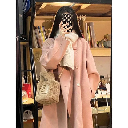 Winter Long Pink Woolen Coat French Hepburn Style Loose Casual Slimming Knee-Length Tweed Outerwear Women's Fashion