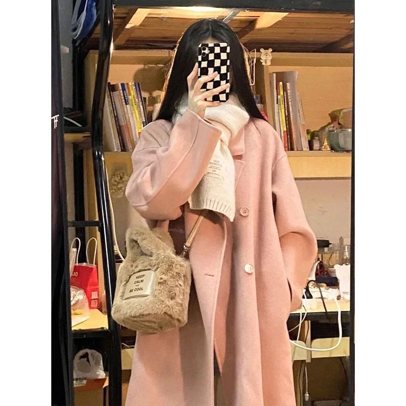 Winter Long Pink Woolen Coat French Hepburn Style Loose Casual Slimming Knee-Length Tweed Outerwear Women's Fashion