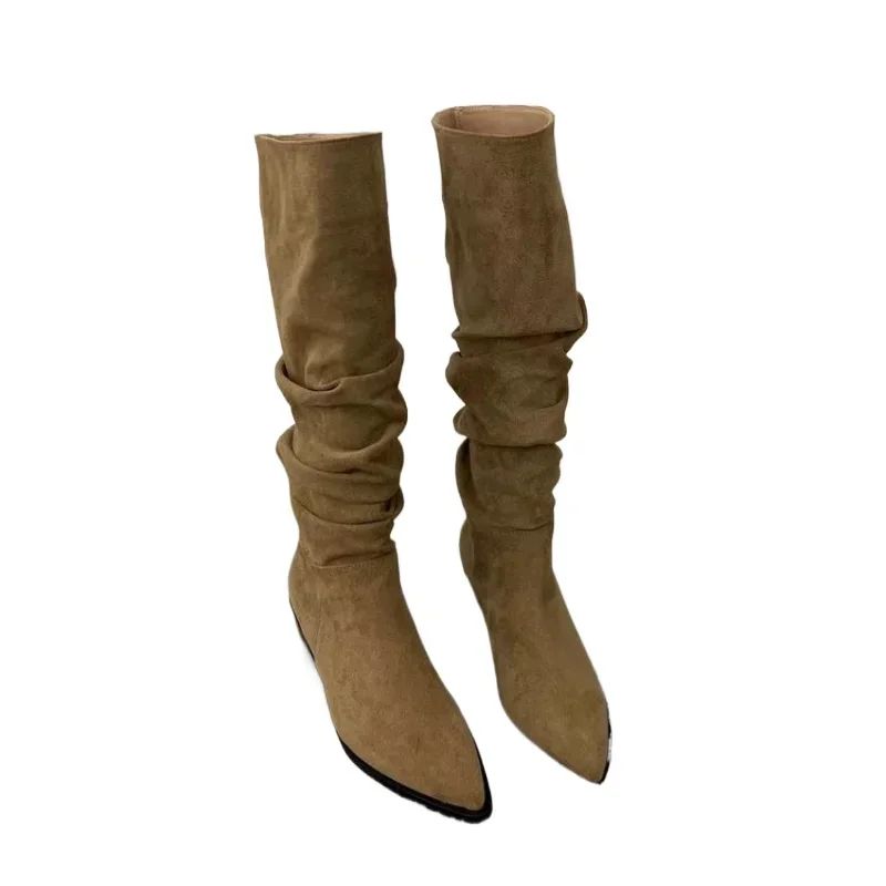Women Knee High Boots Autumn Winter Female Shoes Fashion Female Slip-on Folds Low Heel Round Toe Flat Long Boots Botas De Mujer
