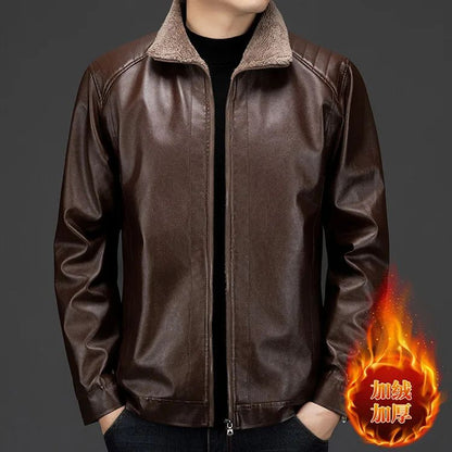 Men's Autumn and Winter Long Sleeved Leather Jacket with Fleece Collar for Warmth and Fashion Leather Jacket Men
