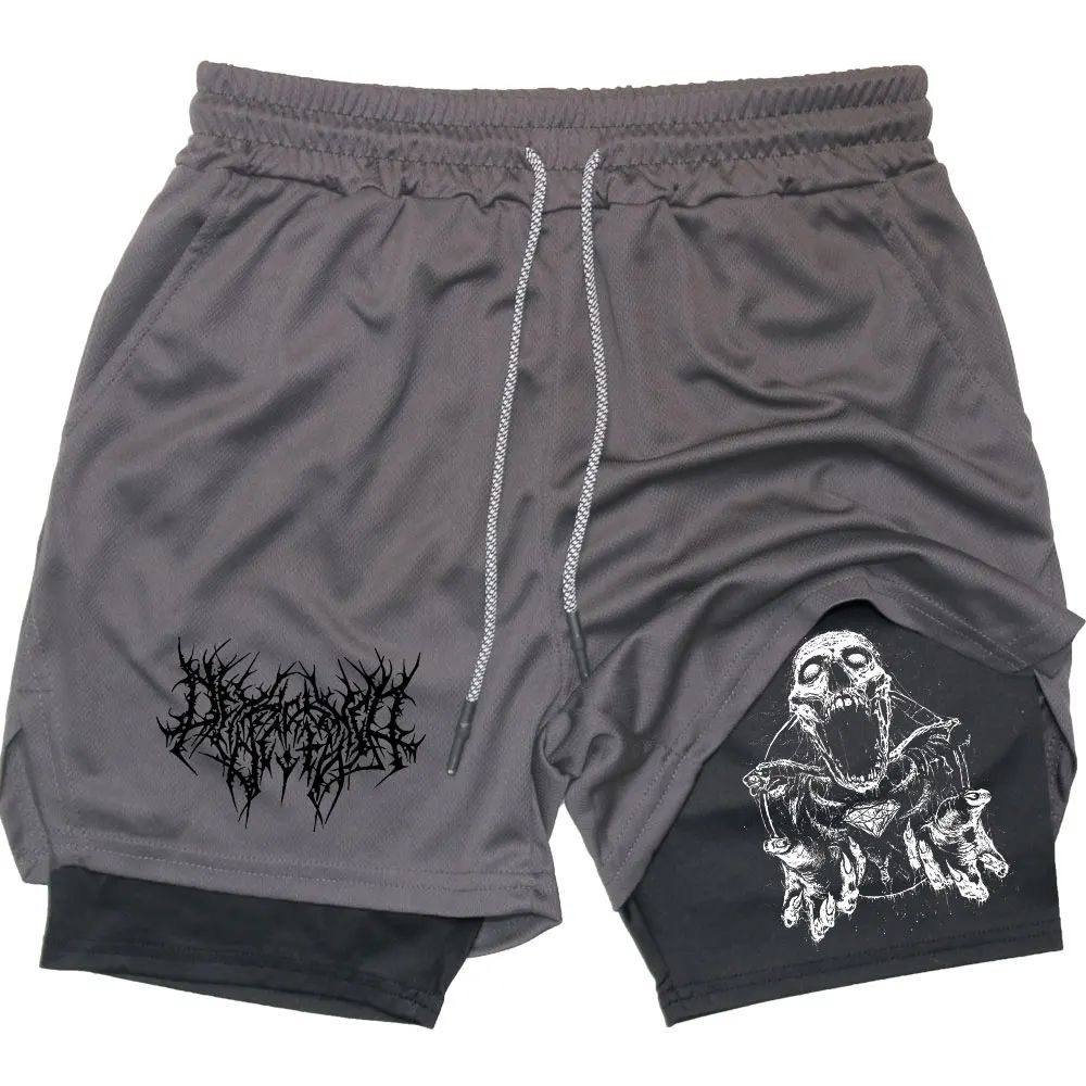 Shorts Men Quick-drying Fitness Skull Print Double Layer Shorts Workout Training Running Bodybuilding Sportwear