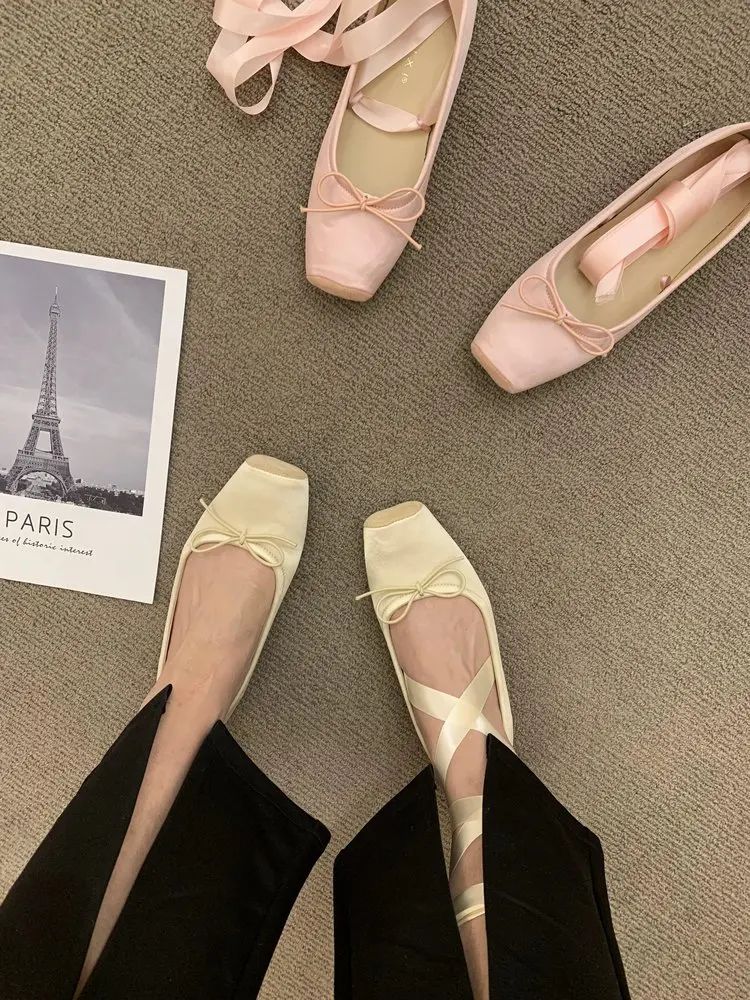 Women Flats Bow Marie Janes Shoes  New Lolita Dress Square Toe Shoes Designer Walking Sandals Female Elegant Zapatos