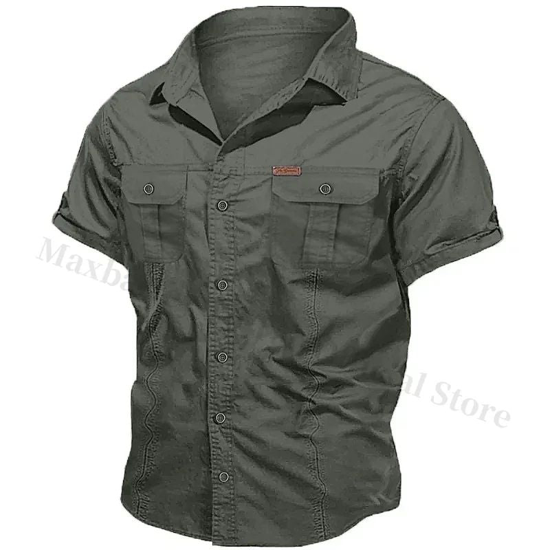 New Men's Work Shirt Casual Retro 100% Cotton Short Sleeve Flying Cargo Shirt Men's Summer Fishing Hunting Multi Pocket Shirt