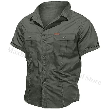 New Men's Work Shirt Casual Retro 100% Cotton Short Sleeve Flying Cargo Shirt Men's Summer Fishing Hunting Multi Pocket Shirt