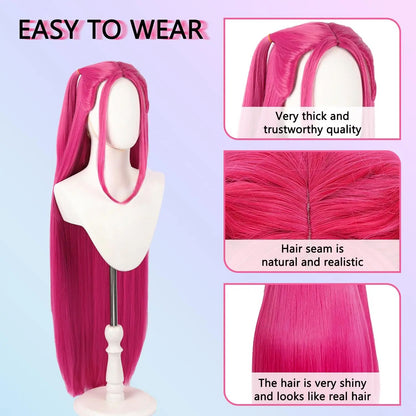 Girl group role-playing synthetic wig, purple split braid wig, rose red long straight hair with bun, romantic party photo
