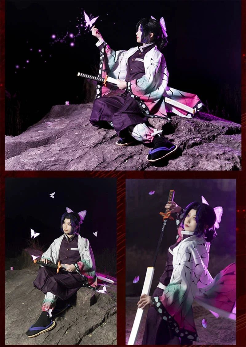 Anime Demon Slayer Kochou Shinobu Cosplay Costume Kimetsu No Yaiba Kochou Uniforms Wigs Hairs Halloween For Kids Adult Cos Party