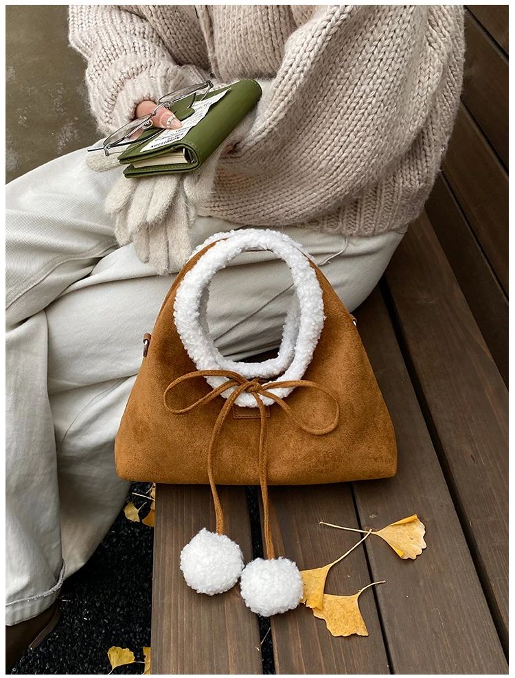 Faux Suede Solid Color Bow Hairy Cute Women's Handbags Christmas Gift Giving Fashion Bags 2025 Autumn/winter New Shoulder Bags