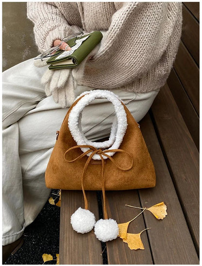 Faux Suede Solid Color Bow Hairy Cute Women's Handbags Christmas Gift Giving Fashion Bags 2025 Autumn/winter New Shoulder Bags