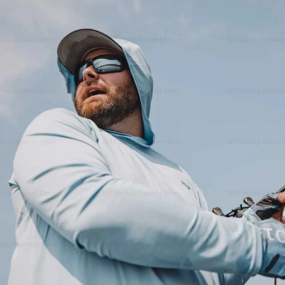 Camisa de pesca masculina com capuz, manga longa, proteção UV, vestuário de pesca