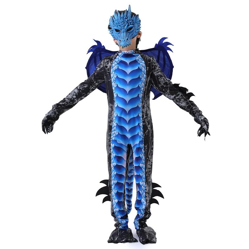 2025 New Arrival Dragon Jumpsuit With Wing And Mask Halloween Outfit Child Boys Black Blue Dragon Costume Halloween Dress Up