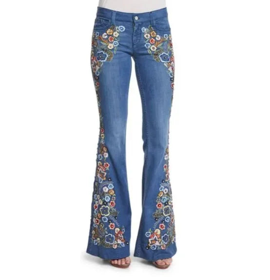 Slimming Women's Denim Jeans Embroidered Washed Bell Bottoms Mid Waist Jeans Chinese Manufacturer Wholesale Retail