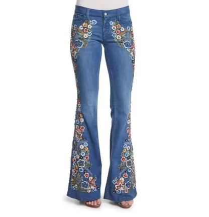 Slimming Women's Denim Jeans Embroidered Washed Bell Bottoms Mid Waist Jeans Chinese Manufacturer Wholesale Retail