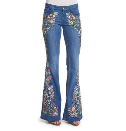 Slimming Women's Denim Jeans Embroidered Washed Bell Bottoms Mid Waist Jeans Chinese Manufacturer Wholesale Retail