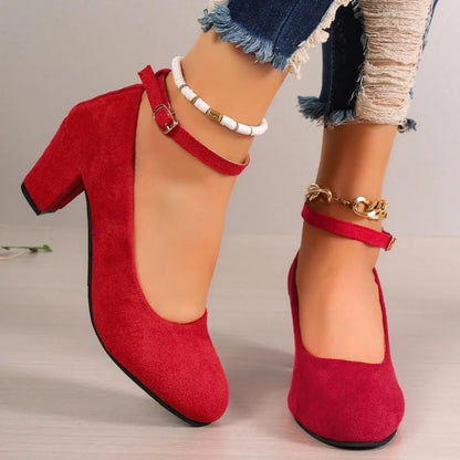 Outono Novo Salto Grosso Feminino Preto Fivela de Uma Linha Boca Raso Sapato Único Feminino Camurça Tamanho Grande Sapatos de Trabalho