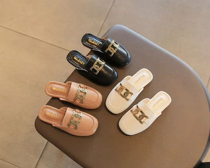 Children Sandals for Girls 2024 Summer New Girls Covered Toes Flat Leather Slippers Casual Lazy Metal Korean Kids Fashion Flats