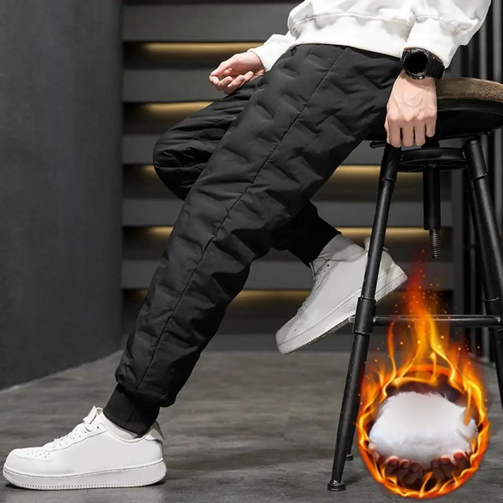 Men Autumn Winter White Duck Down Padded Thermal Sweatpants Elastic Waist Drawstring Pockets Thickened Joggers Pants Streetwear