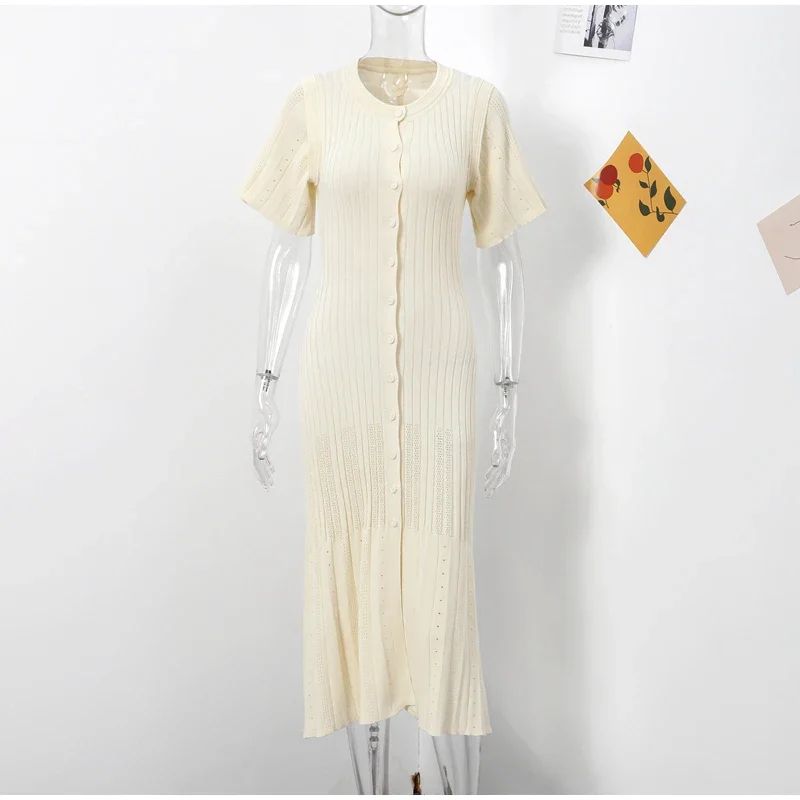 Elegant Knit Dress For Women White Slim O-neck Single Breasted Short Sleeve Long