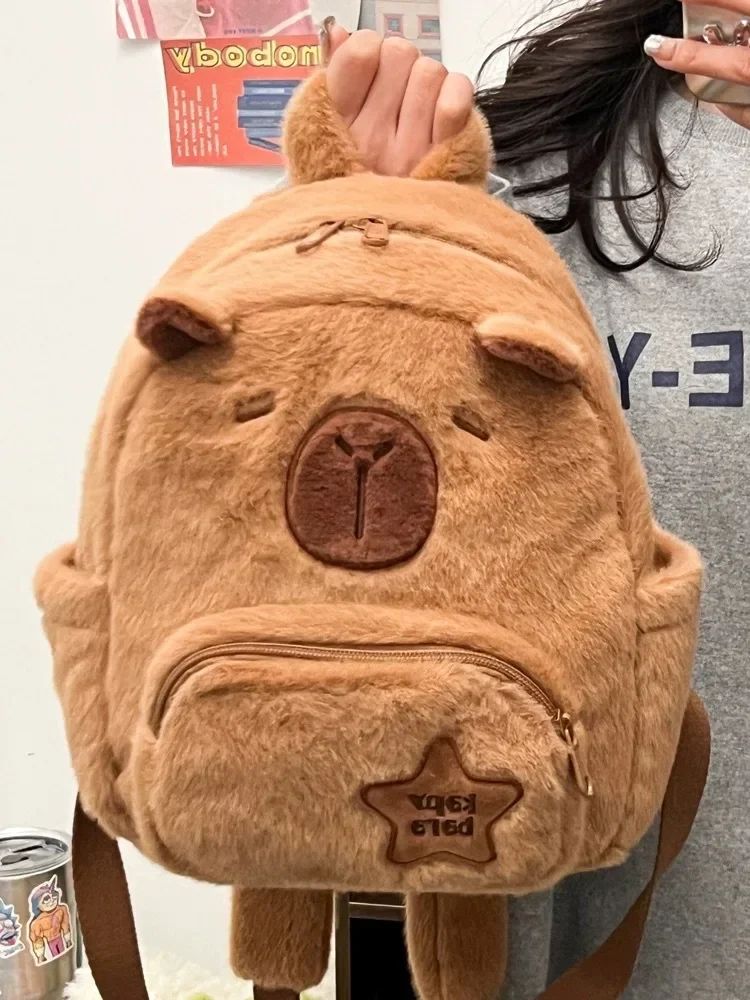 Mochila de Pelúcia Capivara Capibala para Estudantes, Mochila Casual de Pelo, Bolsa Escolar de Grande Capacidade