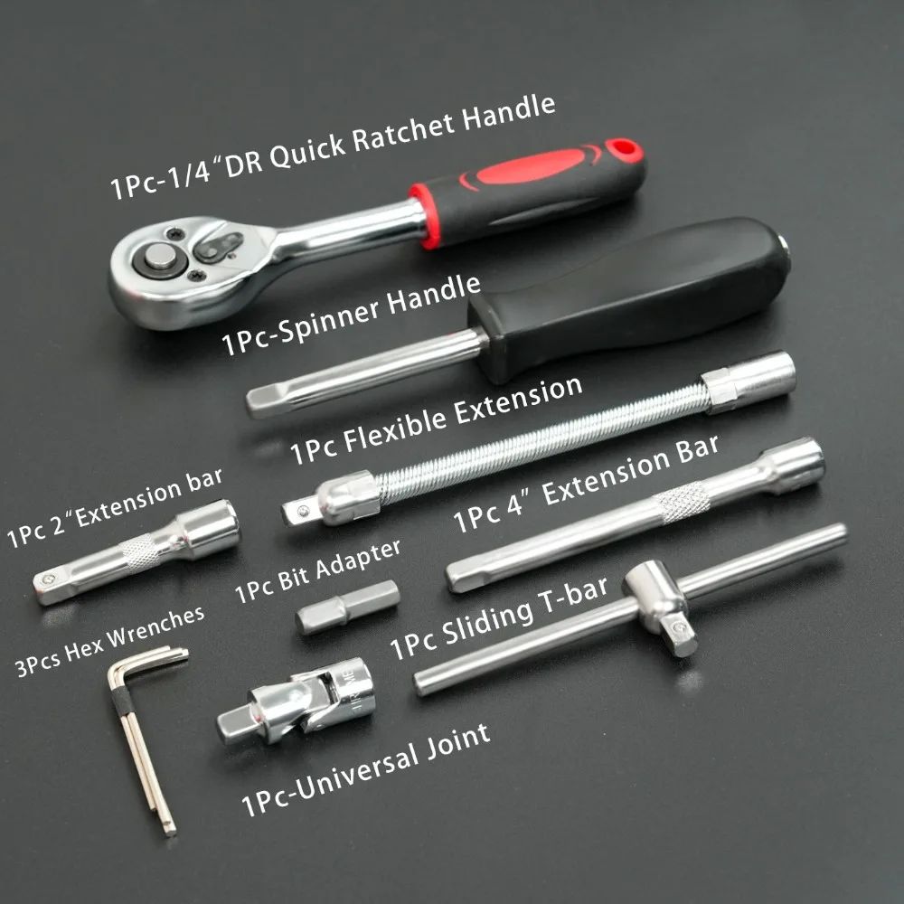 Kit de Ferramentas de Reparo Automotivo 46 Peças, Caixa de Ferramentas de Chave Catraca Combinada, Jogo de Ferramentas para Manutenção Automotiva e Reparo de Soquetes Veiculares