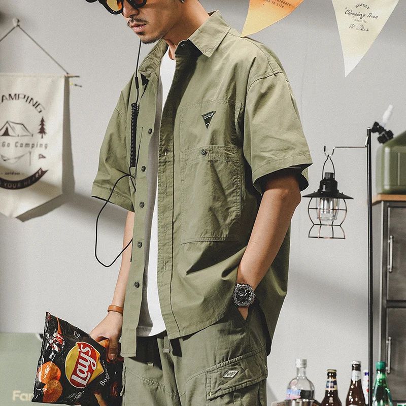 Summer hawaiian Casual Cargo Shirt For Men Oversized Short Sleeve Tee Shirts Y2K Streetwear Button Blouses Outdoor Masculino