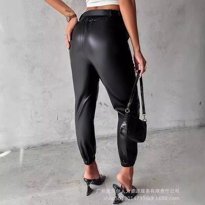 Mid Waist Pencil Leather Trousers Streetwear Black Ankle-Tied Pu Pants Women Summer Black Casual Pockets PU Pants