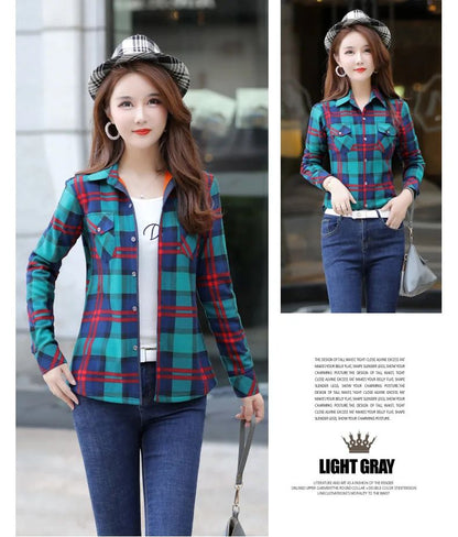Thickened Fleece Women's Casual Shirt Korean Style All-Match Slim Fit Warm Plaid Elastic Large Size Button down Coat