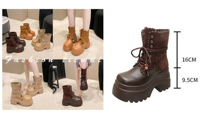 High Platform Women Motorcycle Boots 9CM Wedge Heels Walking Ankle Shoes New 2025 Autumn Winter Lace-up Modern Short Booties