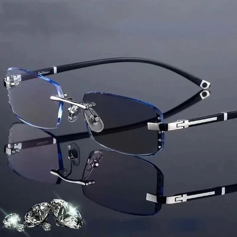 Business Photochromic Myopia Glasses for Men Diamond Cut Rimless UV400 Luxury Eyeglasses Color Changing Diopters -1.0 To -4.0