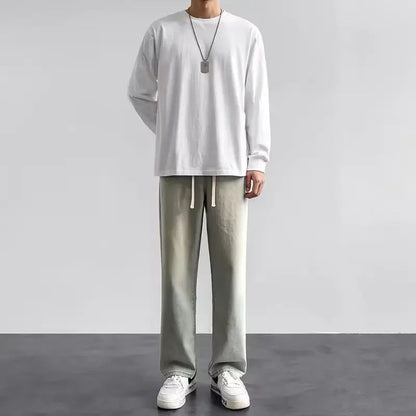 2025 Calça Jeans Masculina Coreana Casual Longa Reta Perna Larga Denim Cor Sólida Azul Claro Cinza Preto