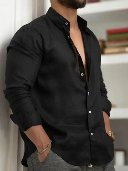 Men's Solid Cotton Linen Long Sleeve Shirt Youth Slim Fit Lapel Tops Casual Handsome Luxury Stylish Shirts & Blouses