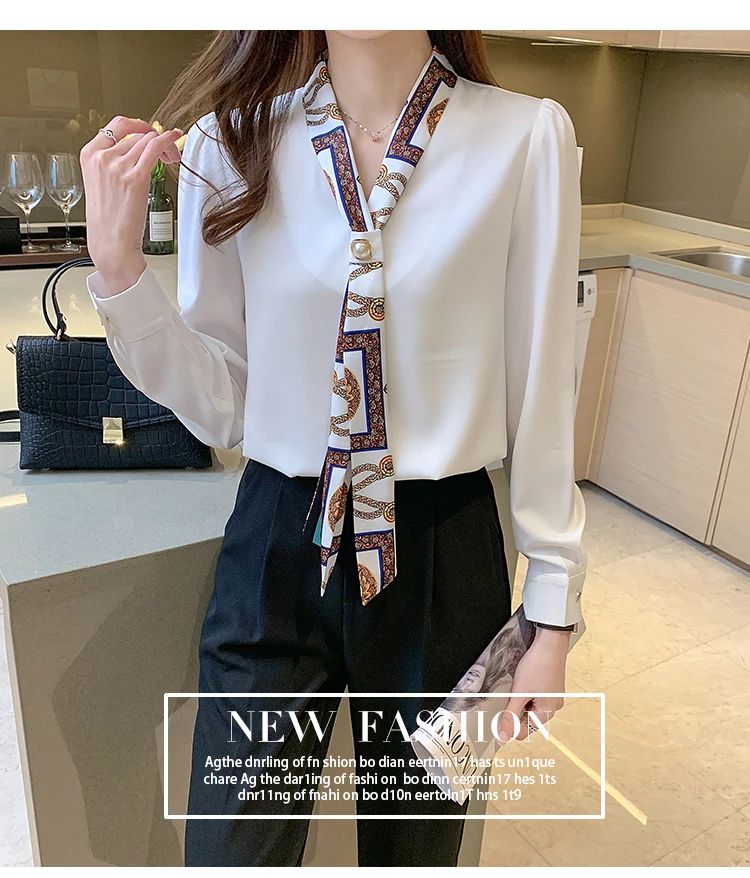 FANAN Elegant Fashion Office Lady Bow Solid Chiffon Shirts Women Clothing New Long Sleeve V-Neck Pullover Top Blouses Female2025
