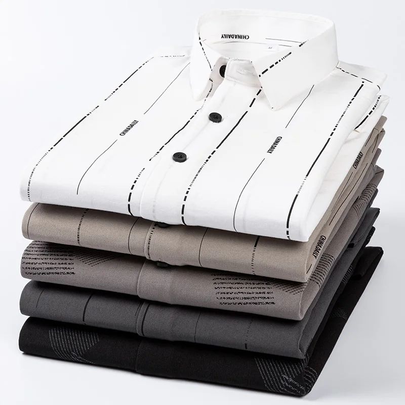 Bamboo Fiber Casual long-sleeve shirts for man elastic Anti-wrinkle striped slim fit formal shirt soft business designer clothes