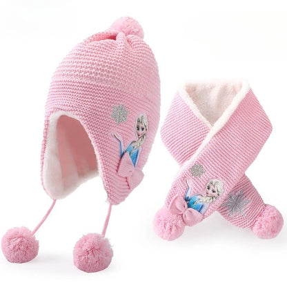 Conjunto infantil de gorro de lã e cachecol com animação da Elsa de Frozen da Disney, desenho animado, inverno, forro de veludo, espesso para manter aquecido