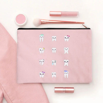 2024 Cute Teeth Cartoon White Zipper Makeup Bag Dental Clinic Storage Bag Women's Single Party Minimalist Decorative Handbag