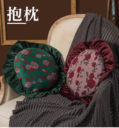Removable Washable American Light Luxury Sofa Flower Pillow Homestay Round Cushion Retro Ruffle Edge Red Pillow  Throw Pillows